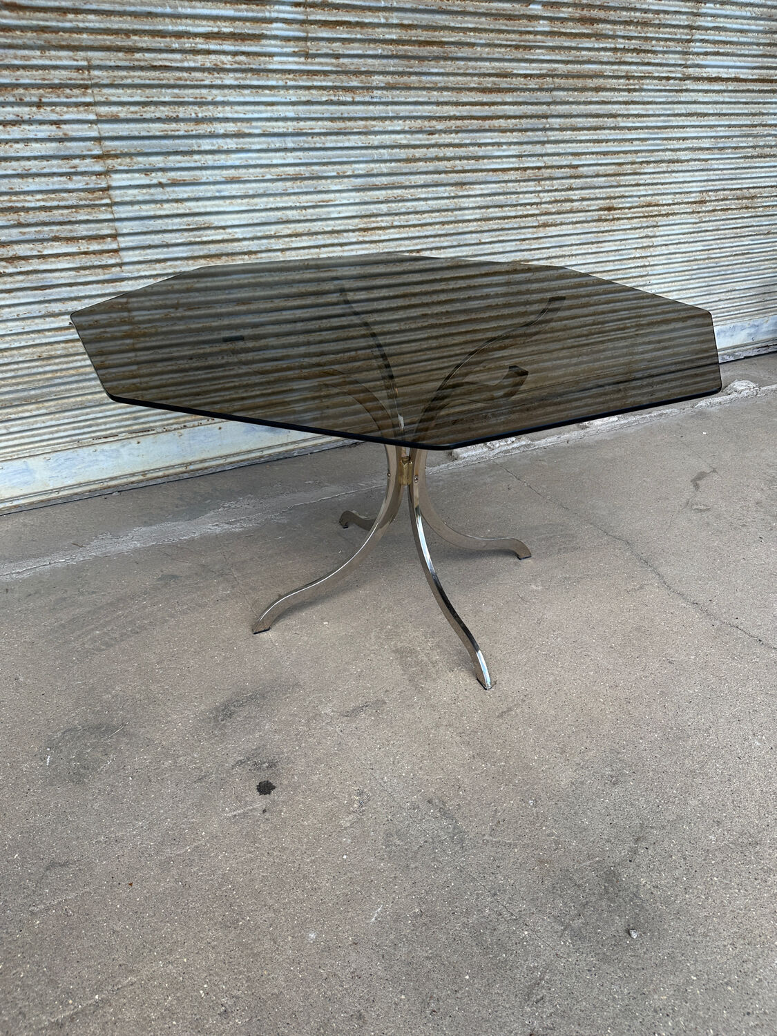 1970s table – chrome, brass, and smoked glass