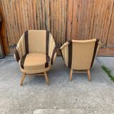 Pair of Mid-Century brown armchairs in beech and upholstery fabric, 1950s.