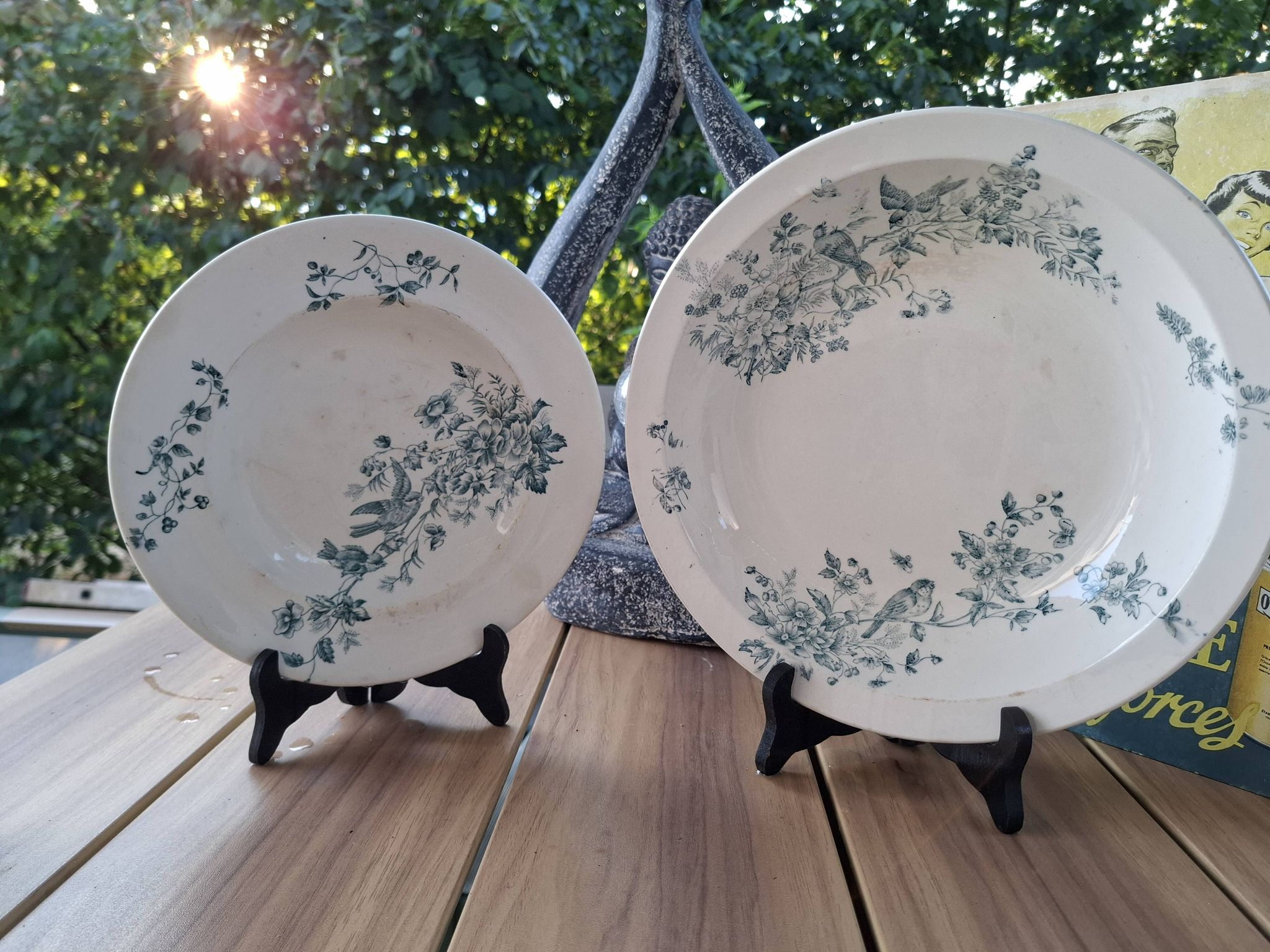 Old set of 2 terre de fer longwy dishes – bird and flower decoration