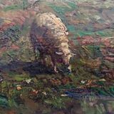 troupeau de peinture à l'huile antique avec une paysanne - Tito Pellicciotti (1871-1950)