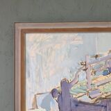 Peinture à l’huile suédoise vintage « The Loom » du milieu du siècle, figure dans un intérieur