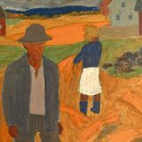 Vintage Oil Painting Harvesting Landscape  by Svan Grandin (1906- 1982)