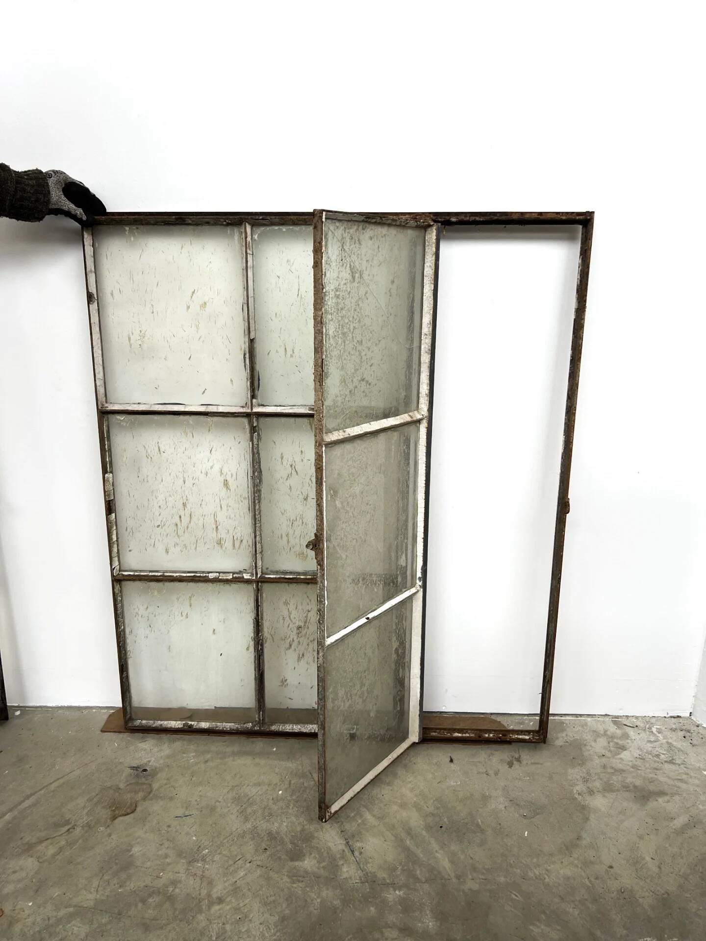 Old steel workshop skylight with opening.
