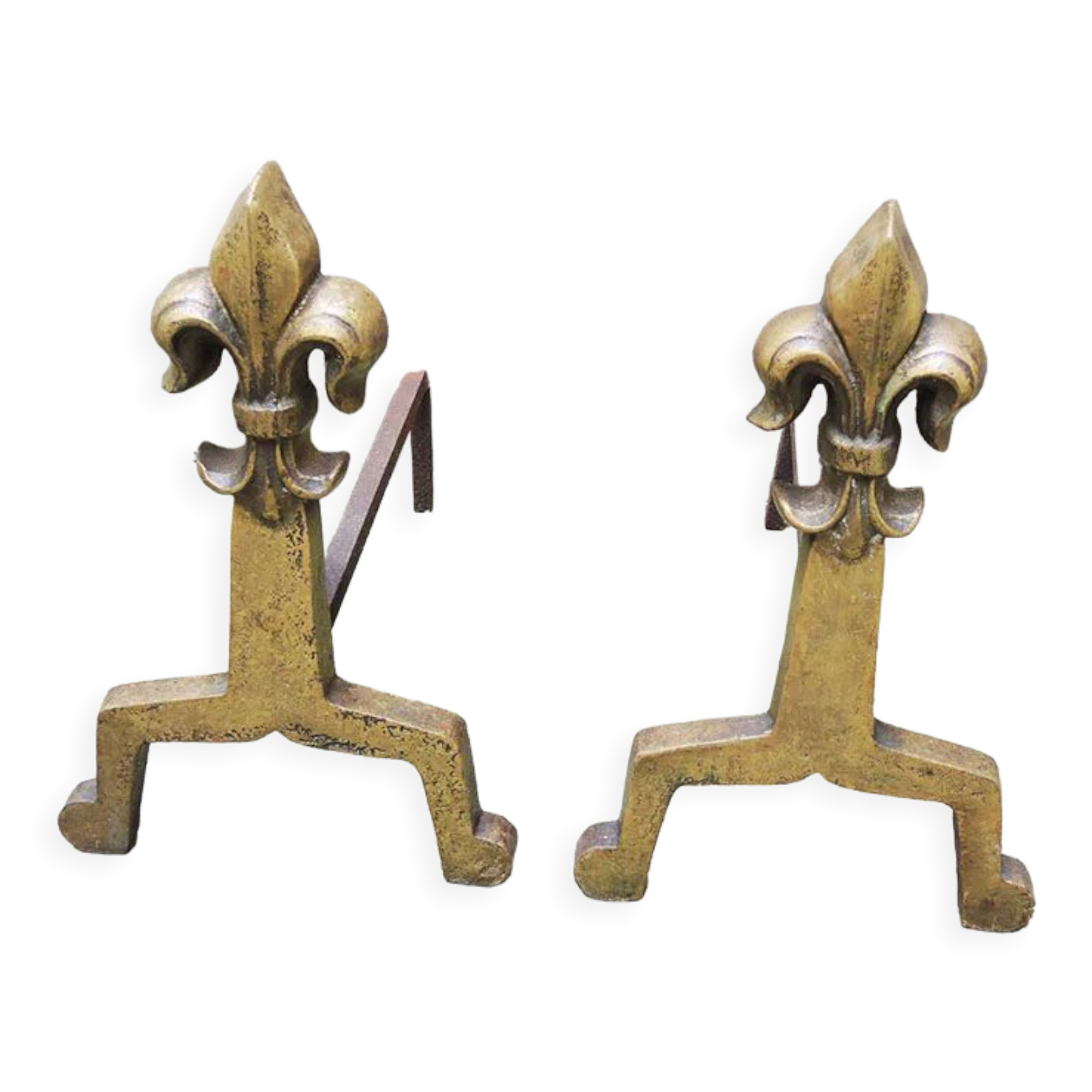 Old brass chenets & fleur de lys cast iron