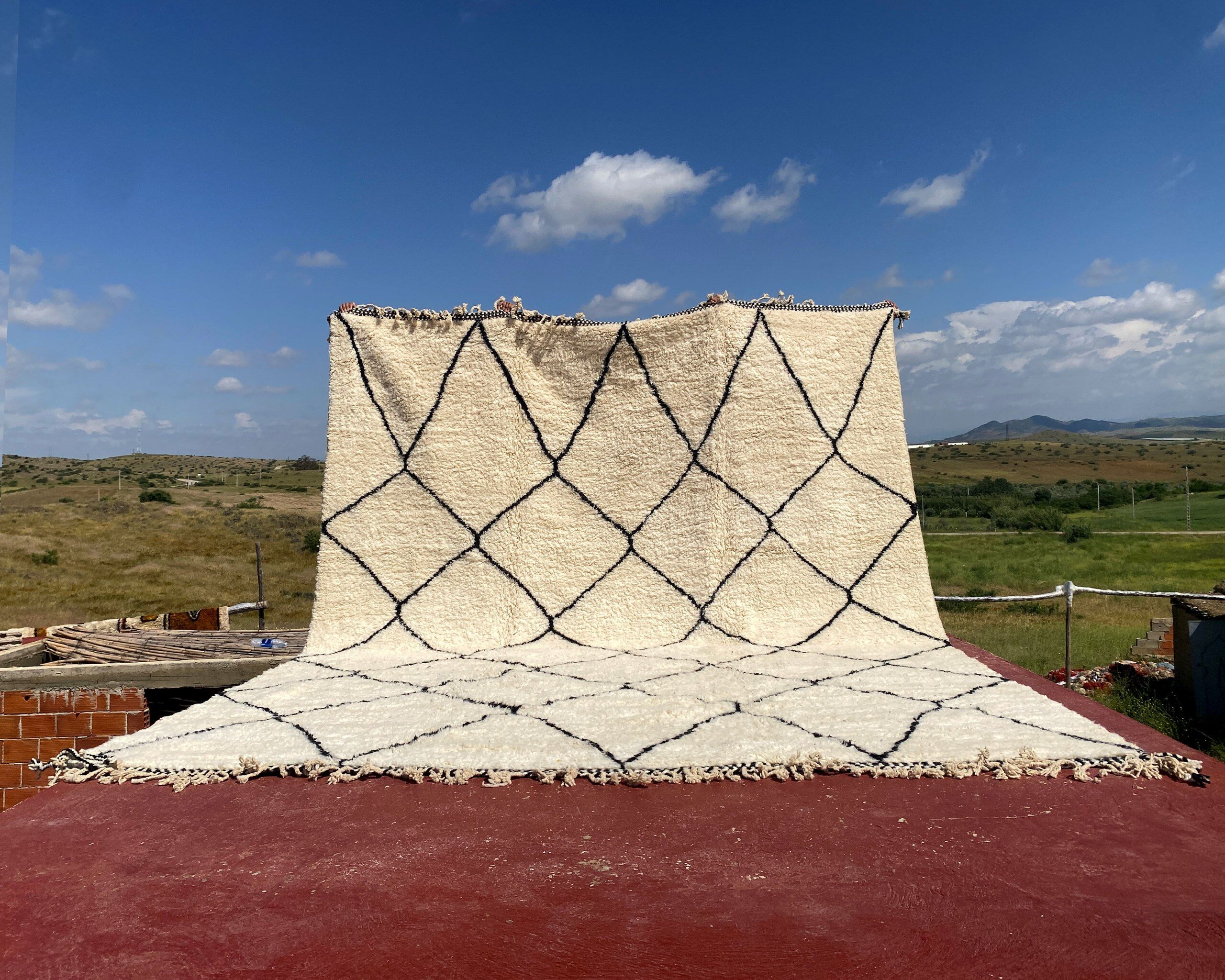 Very large vintage Beni Ouarain rug in cream wool with black diamonds, 426x344cm.