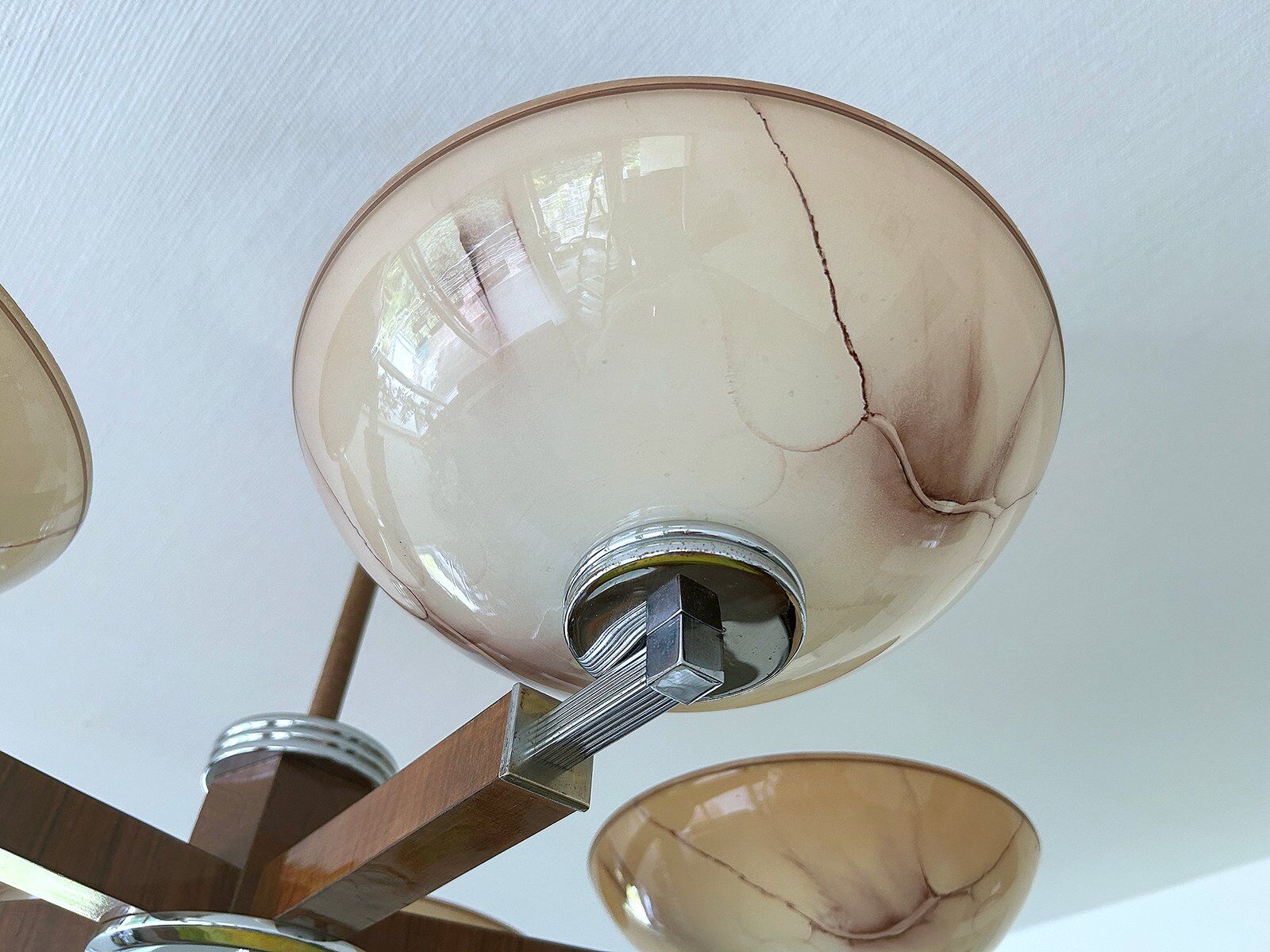 Large Art Deco pendant light in wood and glass, 1930s