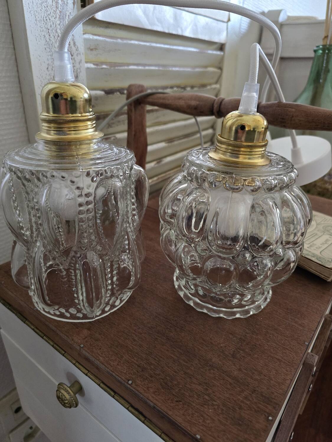 Suspension double globes antique blown glass moulded type Tynell