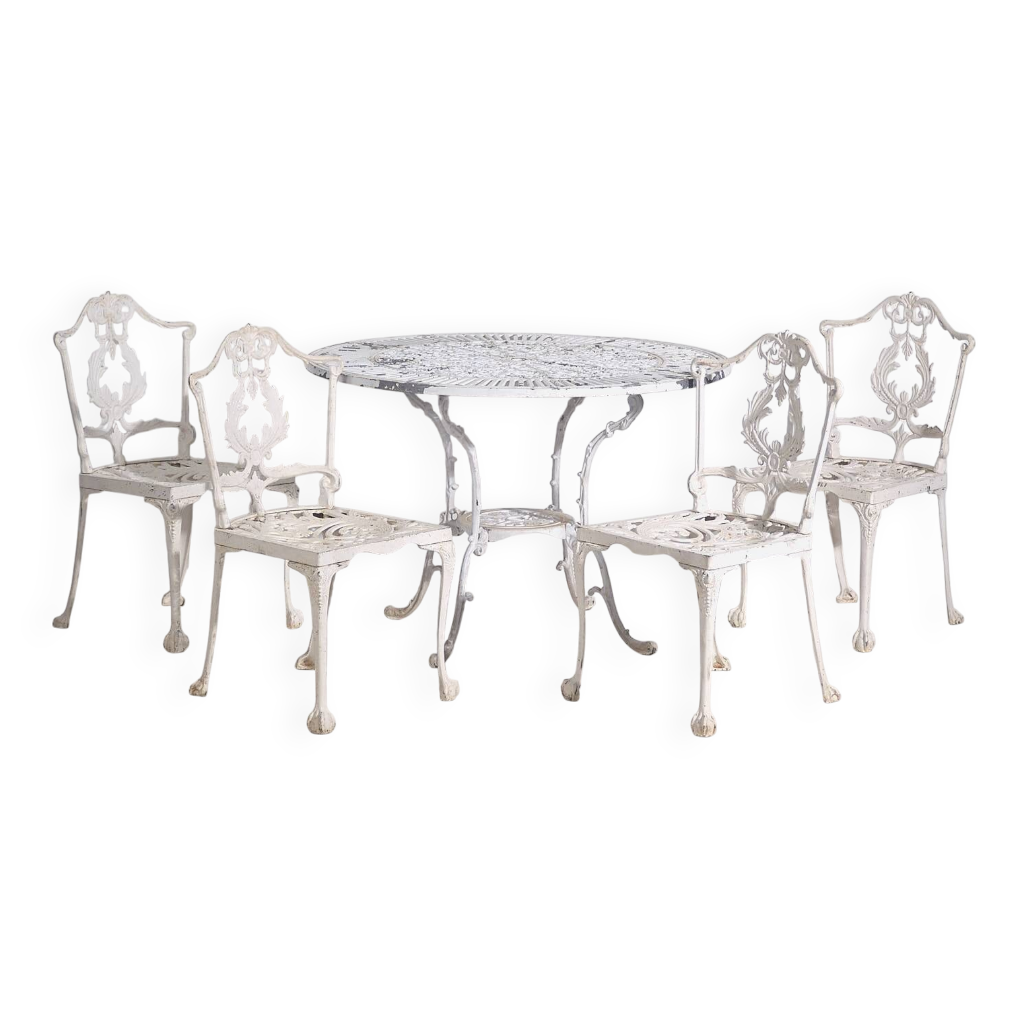 Vintage white garden table and chairs (c.1950). Set of 5 pieces.