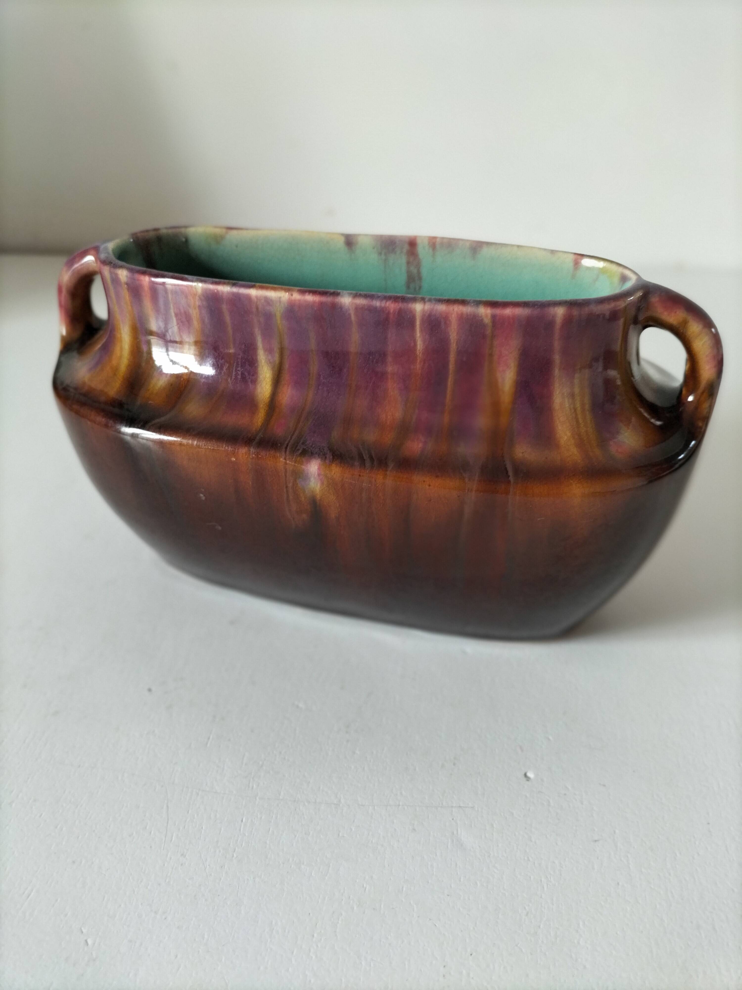 Oval ceramic vase with handles, glazed, 20th century.