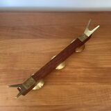 Modernist chandelier in teak and vintage brass.