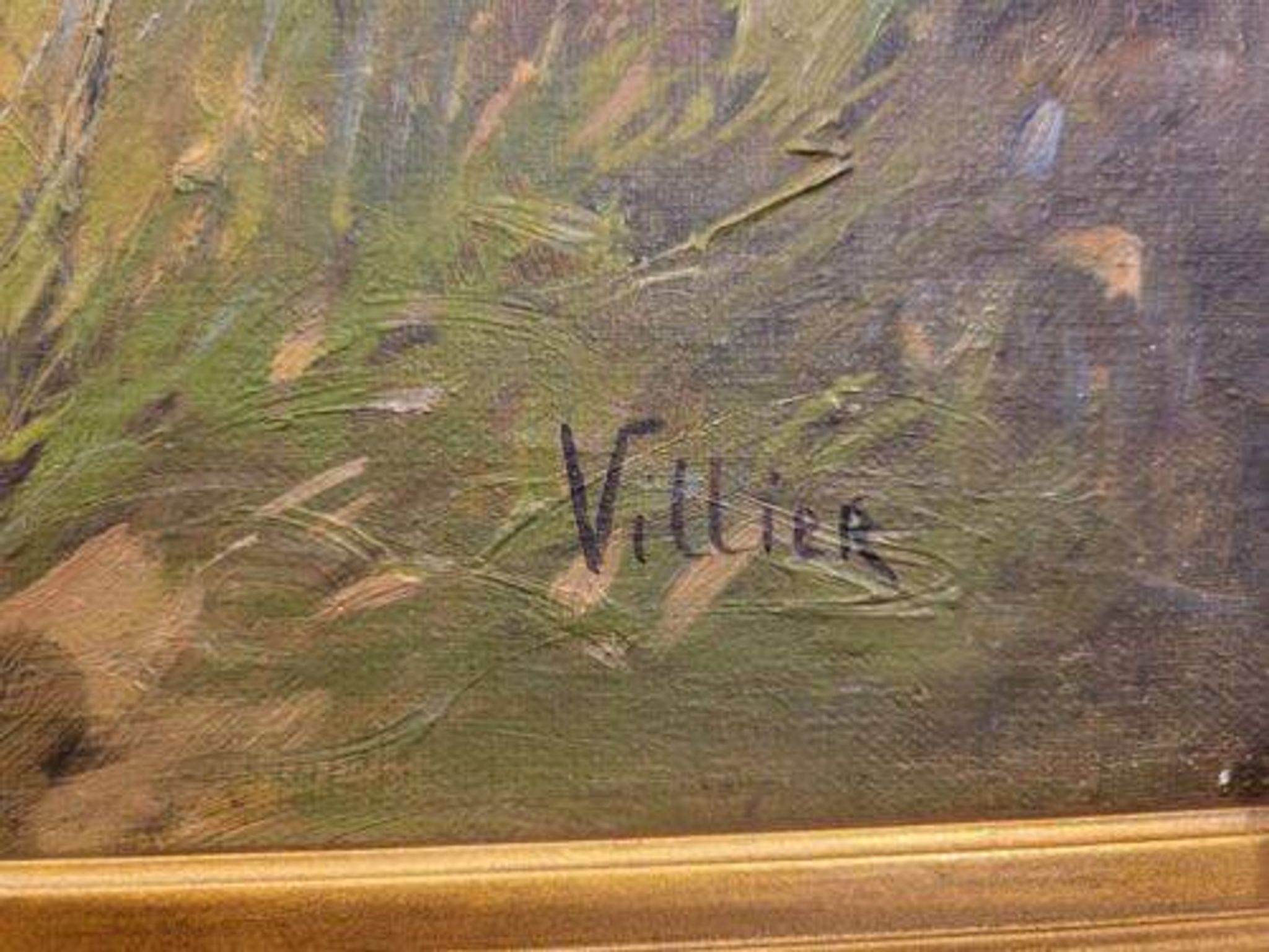 Grande peinture à l'huile sur toile chien de chasse dans le bois signée