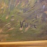 Grande peinture à l'huile sur toile chien de chasse dans le bois signée