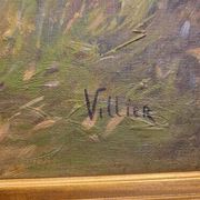 Grande peinture à l'huile sur toile chien de chasse dans le bois signée