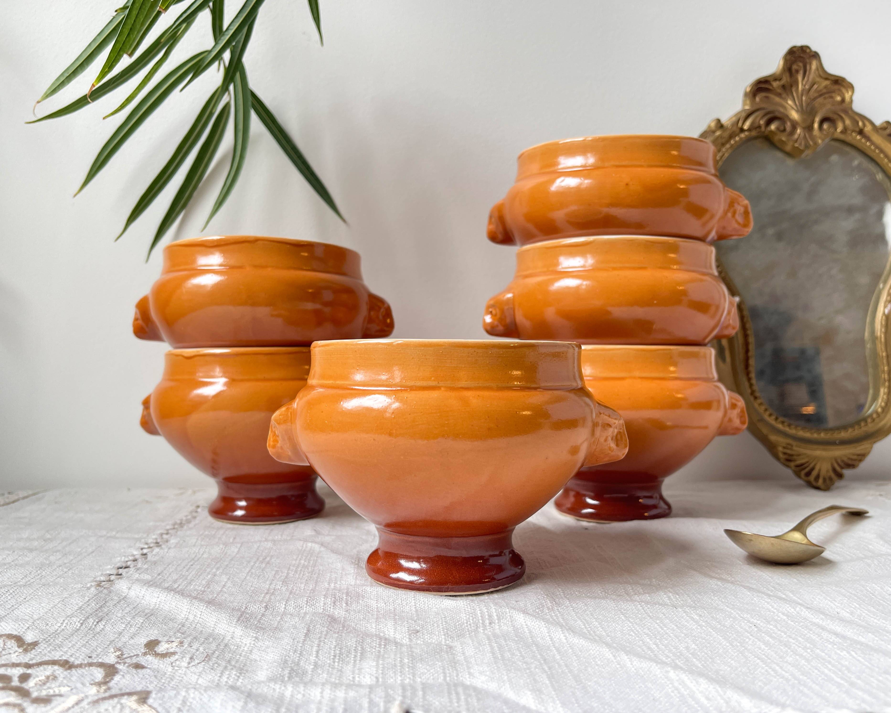 6 vintage Emile Henry ceramic lion head bowls, brown gradient, made in France