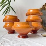 6 vintage Emile Henry ceramic lion head bowls, brown gradient, made in France