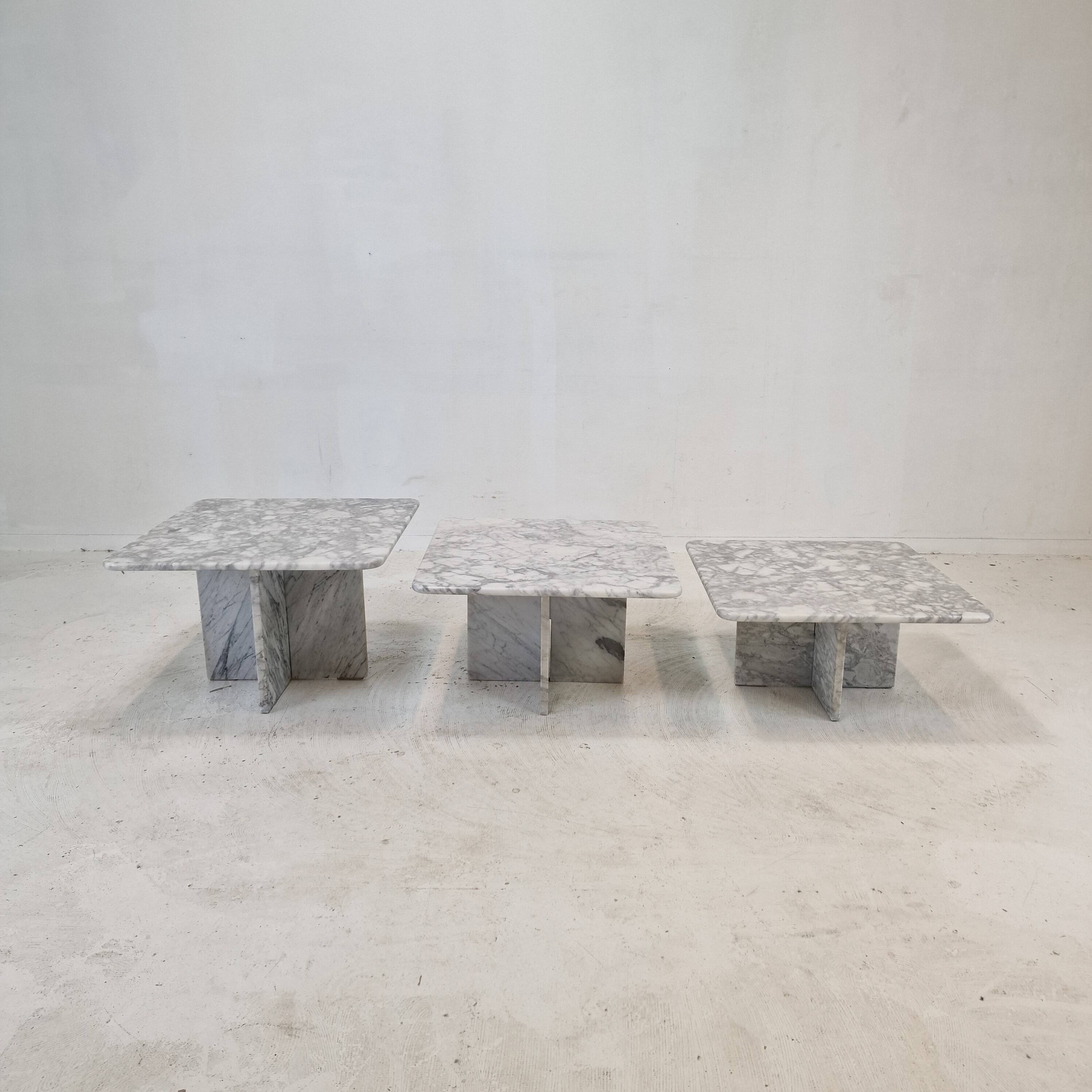 Set of 3 Italian Bianco Carrara Marble Coffee or Side Tables, 1980s