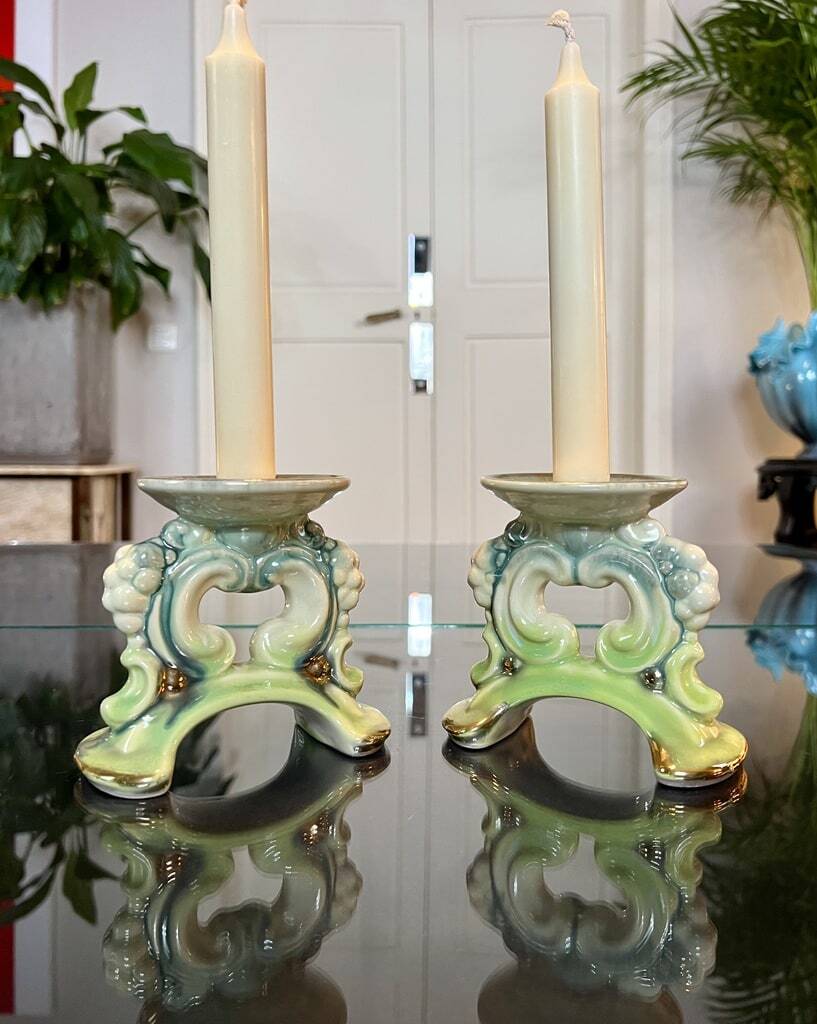 Paire de bougeoirs vintage - faïence céramique verte et bleue - bougies décoration