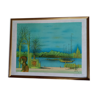 Original lithograph by Jean Carzou, "Escale", 1996, signed, numbered and framed.