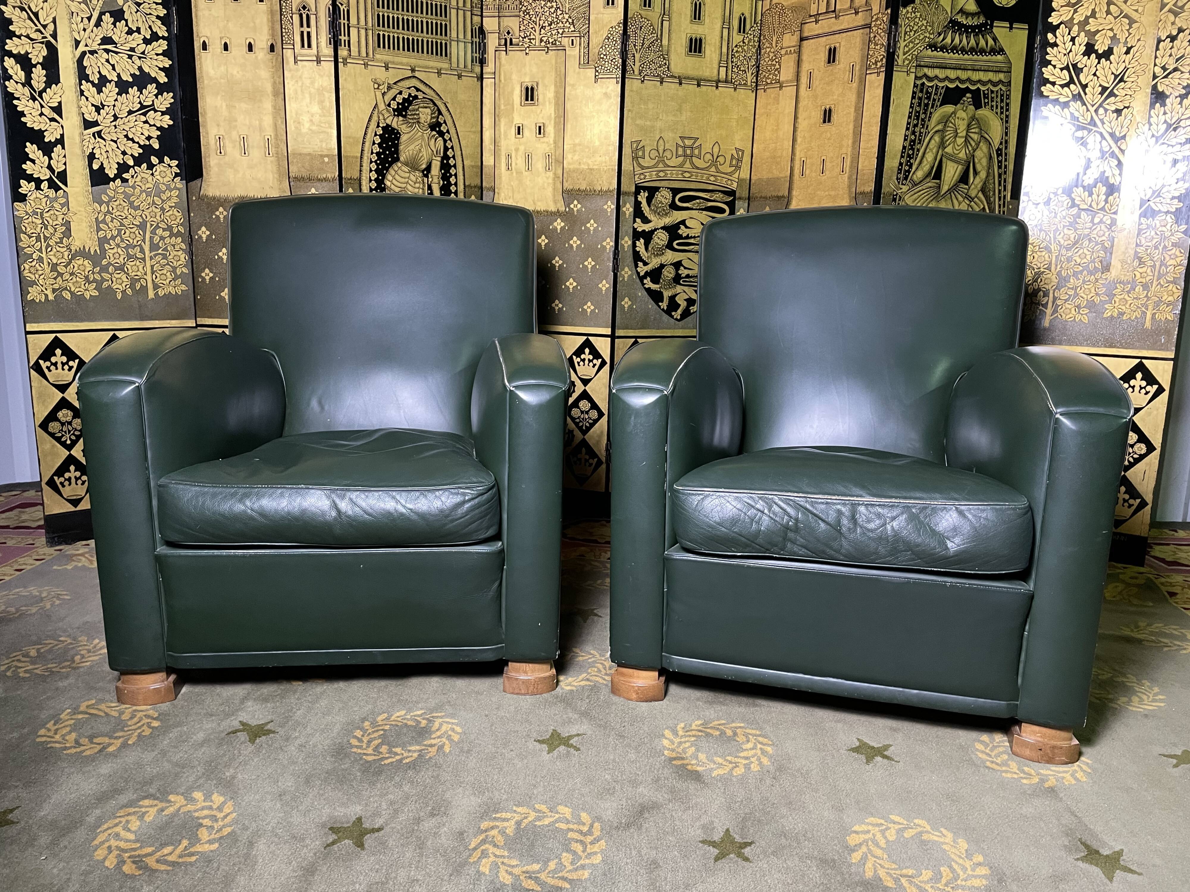 Pair of Poltrona Frau Green Leather Club Armchairs Limited Edition