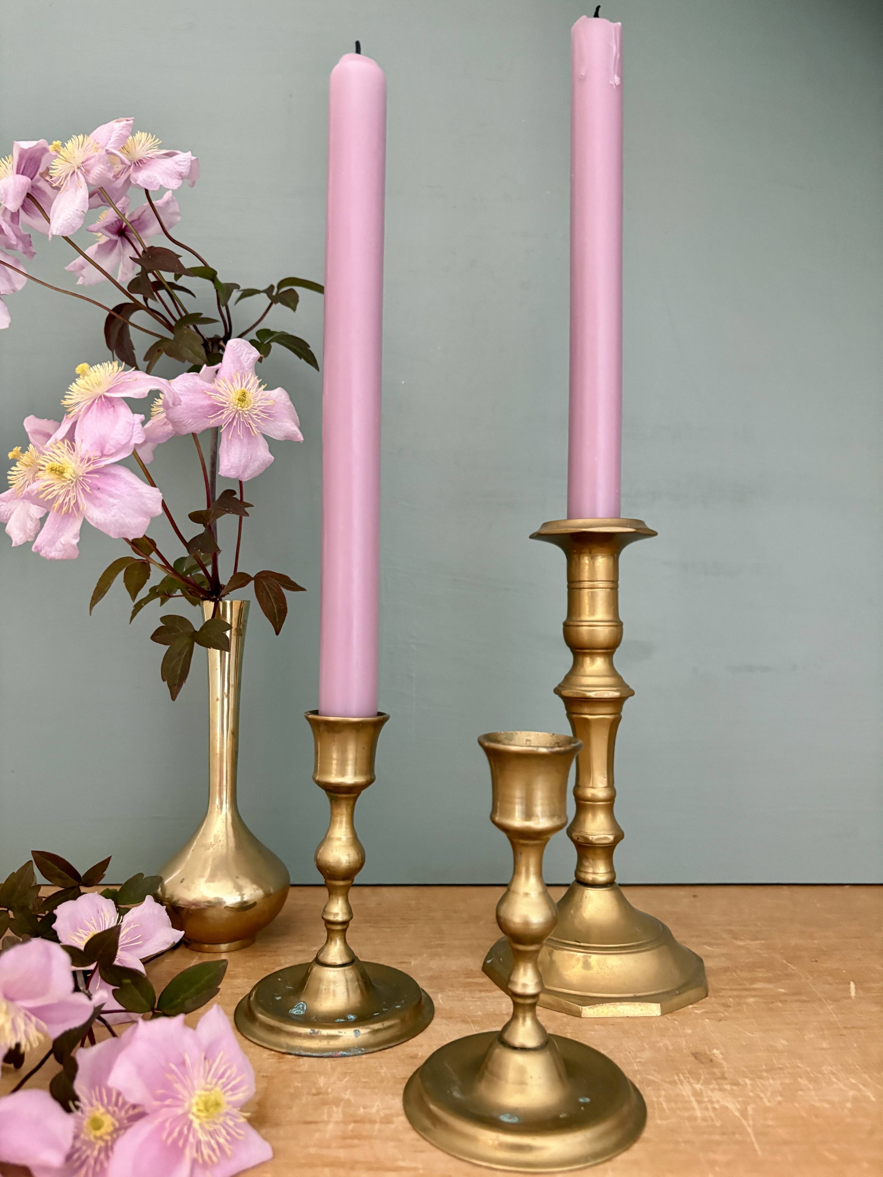 Set of 3 antique brass candle holders/candelabra.