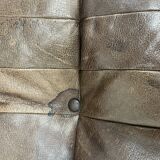 Living room sofa and brutalist armchairs in leather and wood, 70s, chalet style