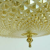 mid century ceiling LAMP flush mount textured amber glass and brass 1970s