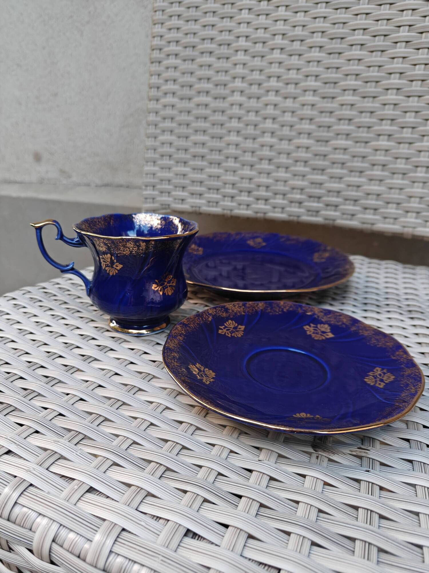 Superb Coffee/Tea Trio in Cobalt Blue & Gold Porcelain - Chodzież Poland