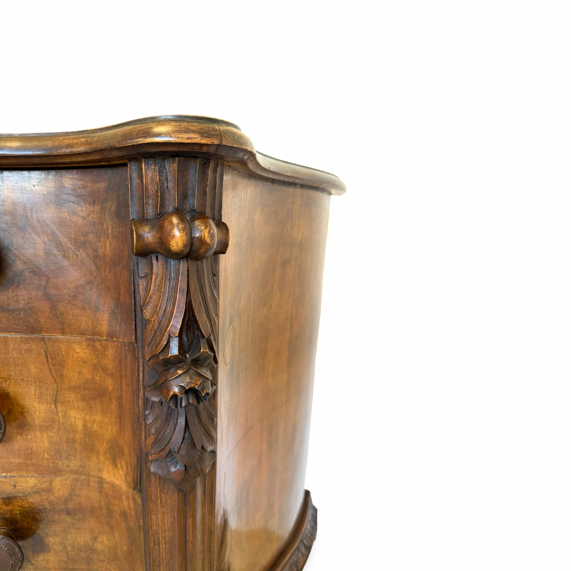 serpentine commode in antique walnut
