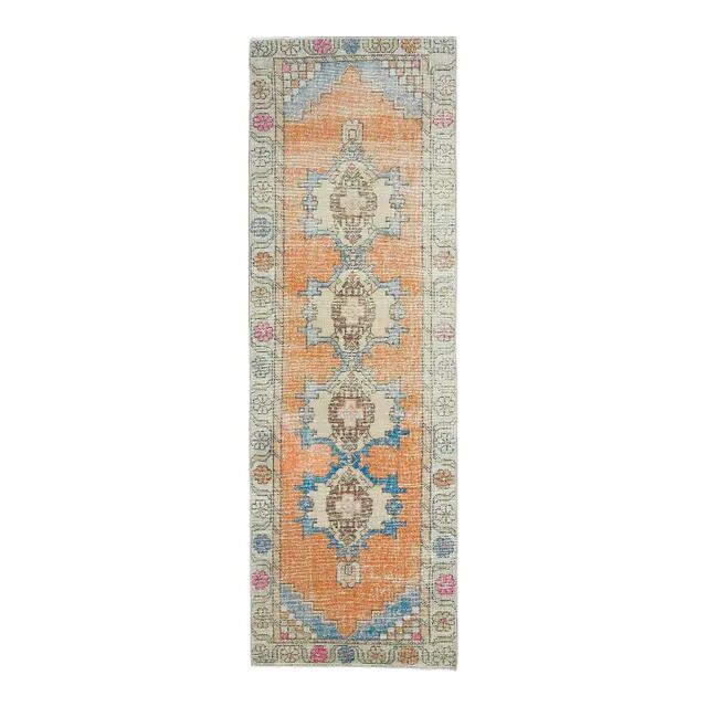 1970s Vintage Turkish Hand-Knotted Wool Cotton Orange Runner Rug 82x261