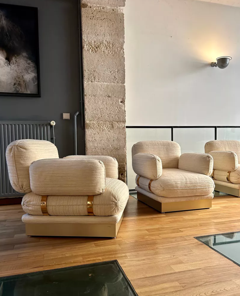 Pair of armchairs by Thibier in brass and wool France 1978