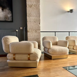 Pair of armchairs by Thibier in brass and wool France 1978