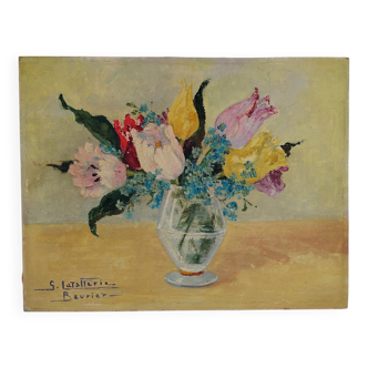 Oil on cardboard Tulips and Forget-me-nots Latallerie-beurier