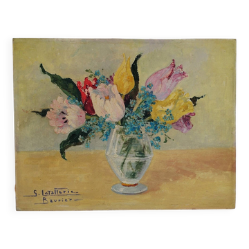 Huile sur carton Tulipes et Myosotis Latallerie-beurier
