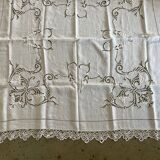 Old embroidered square tablecloth bordered bobbin lace