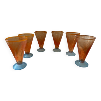Set of 6 orange and blue vintage design stemmed glasses from the 1990s by A.GRAY.