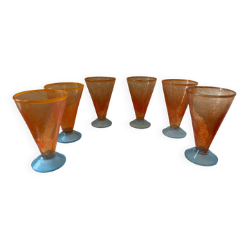 Suite de 6 verres à pied orange bleu vintage design 1990 À.GRAY