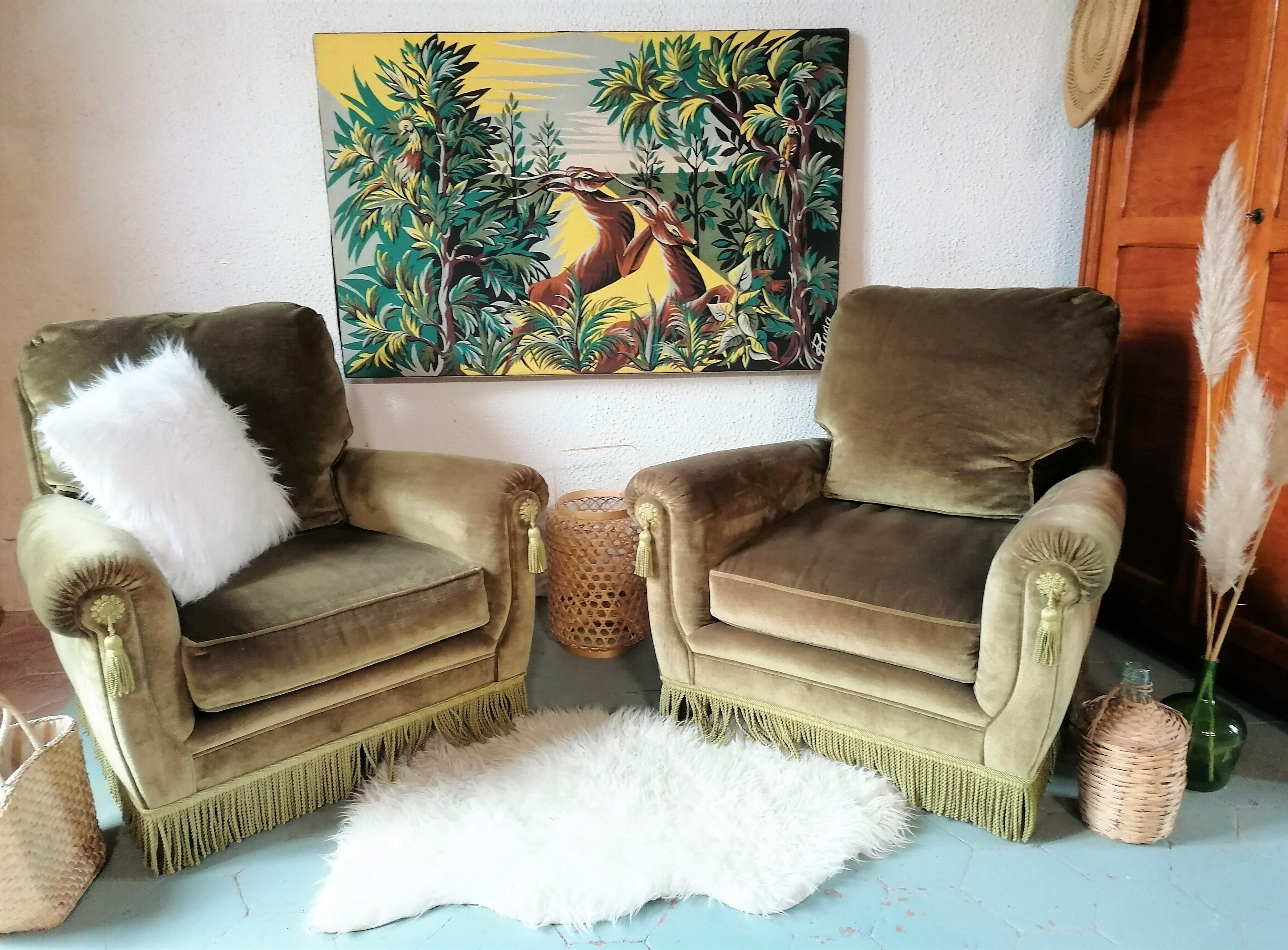 Paire de fauteuils en velours "Jean Roche "