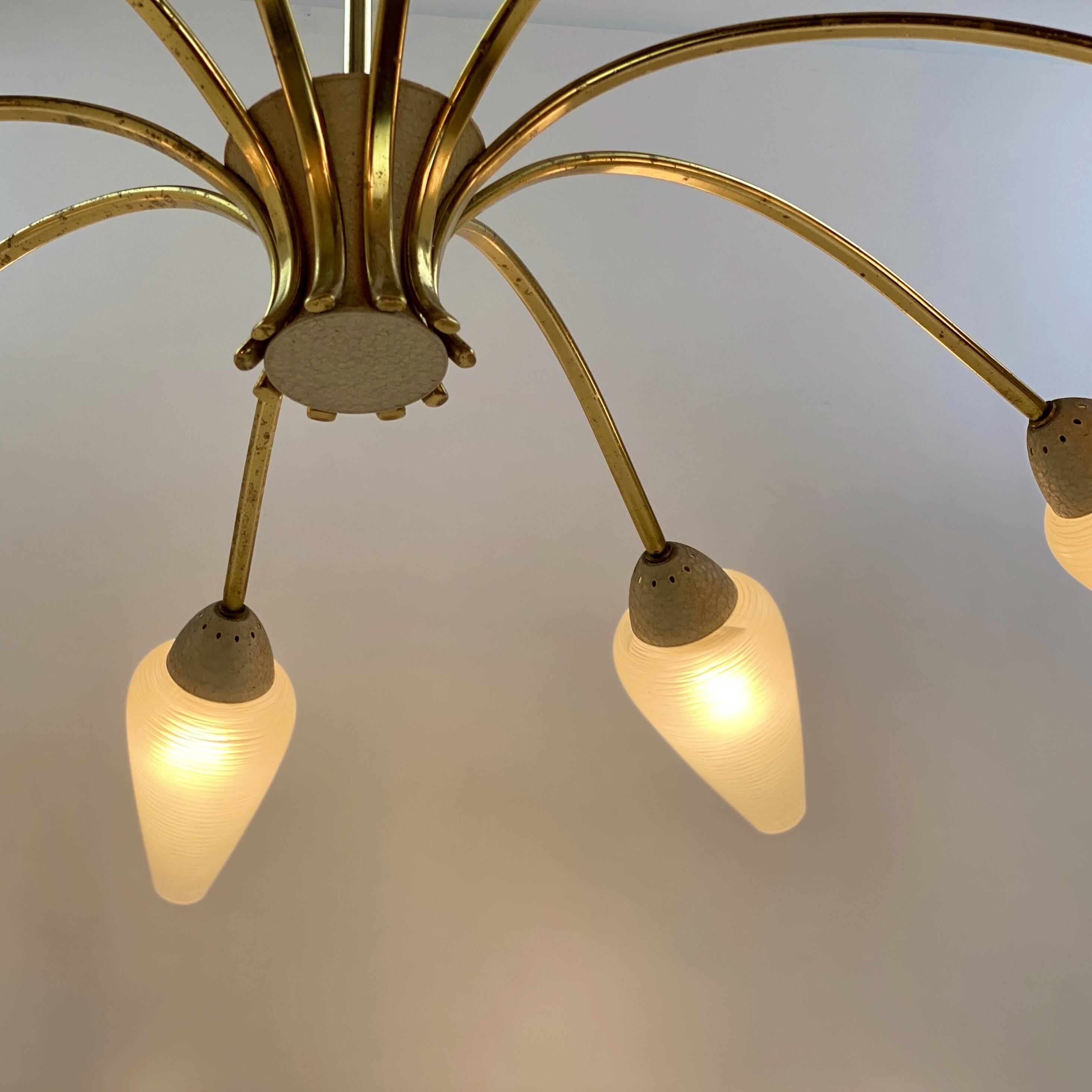 Brass chandelier, textured glass, 1960.