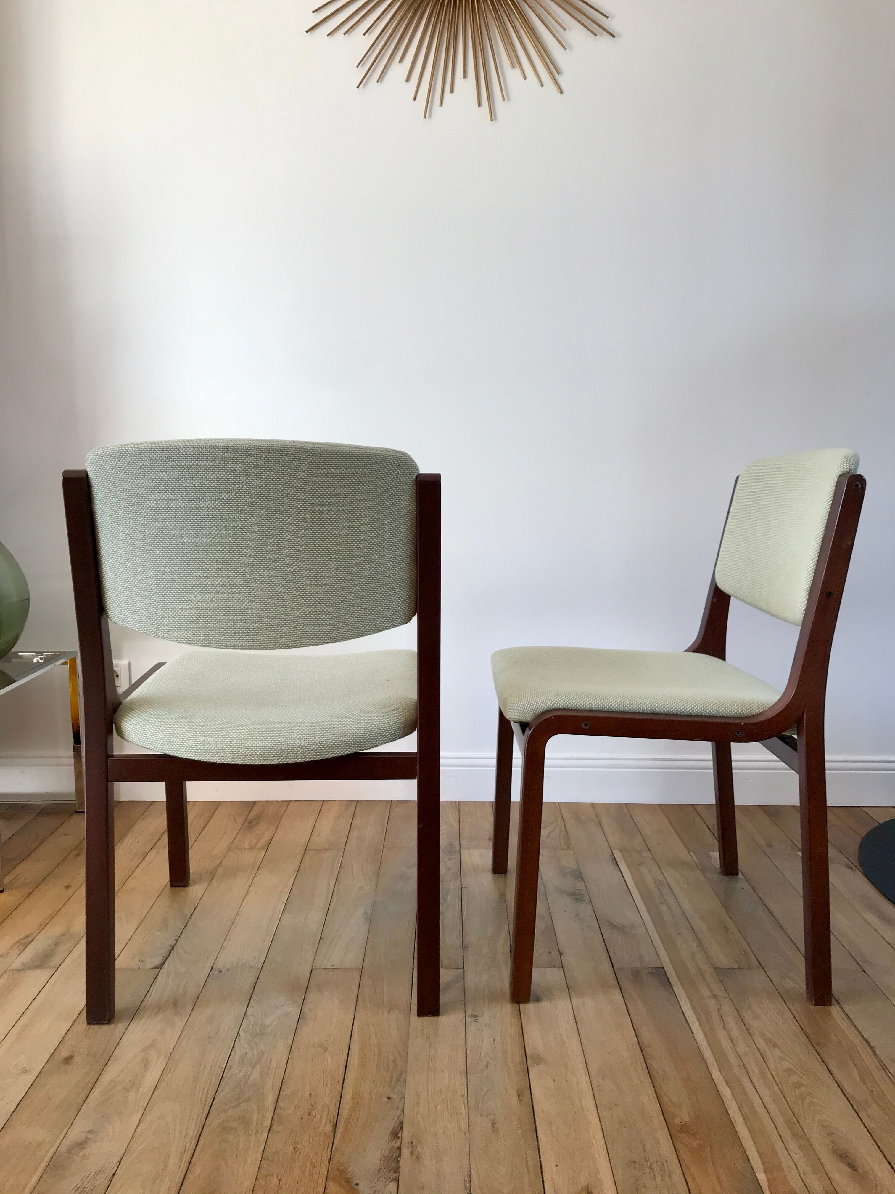 Pair of wooden armchairs and green and ecru fabrics 70s
