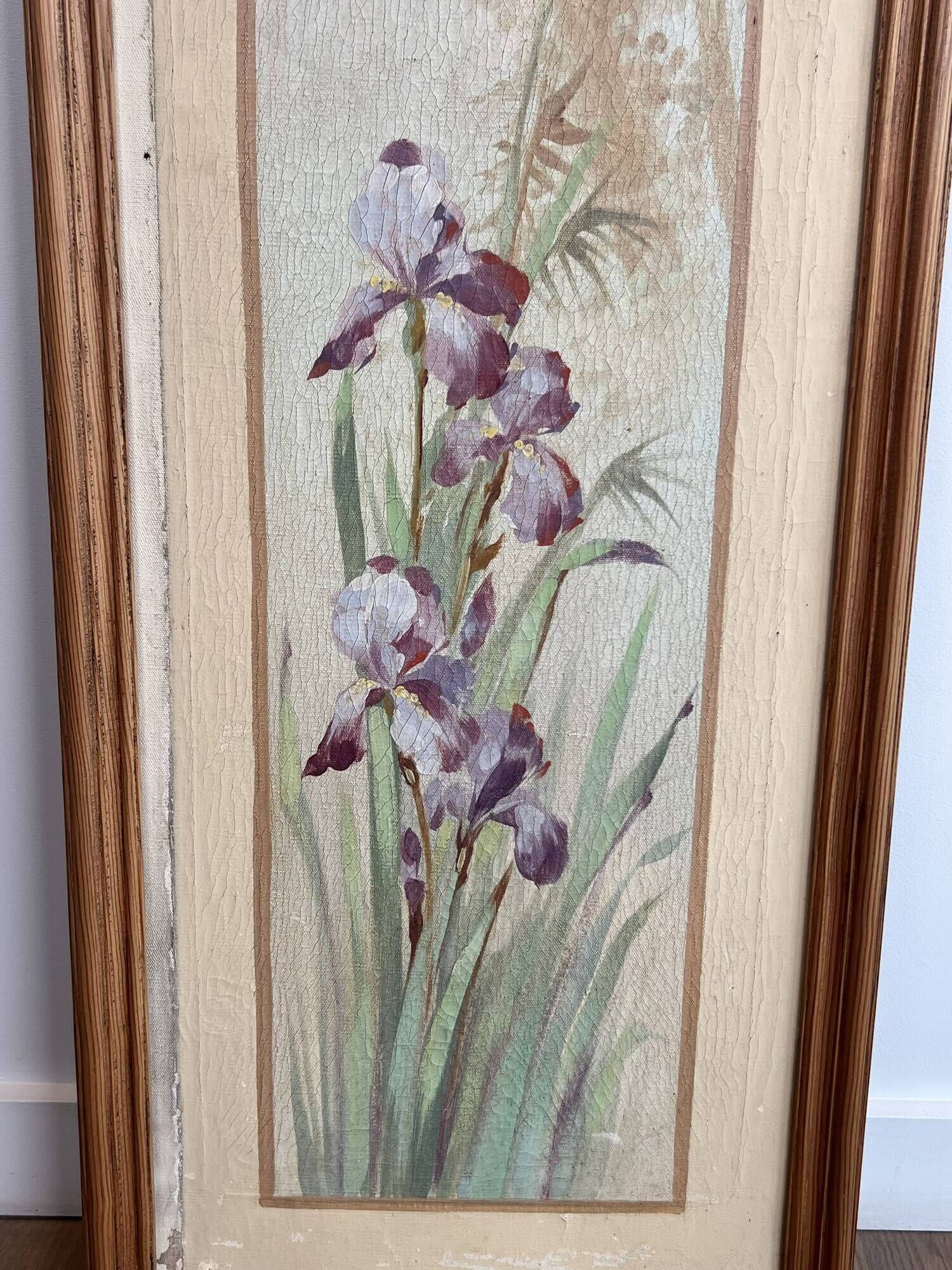 Pair of Art Nouveau Decorative Panels with Purple and Yellow Irises. Work