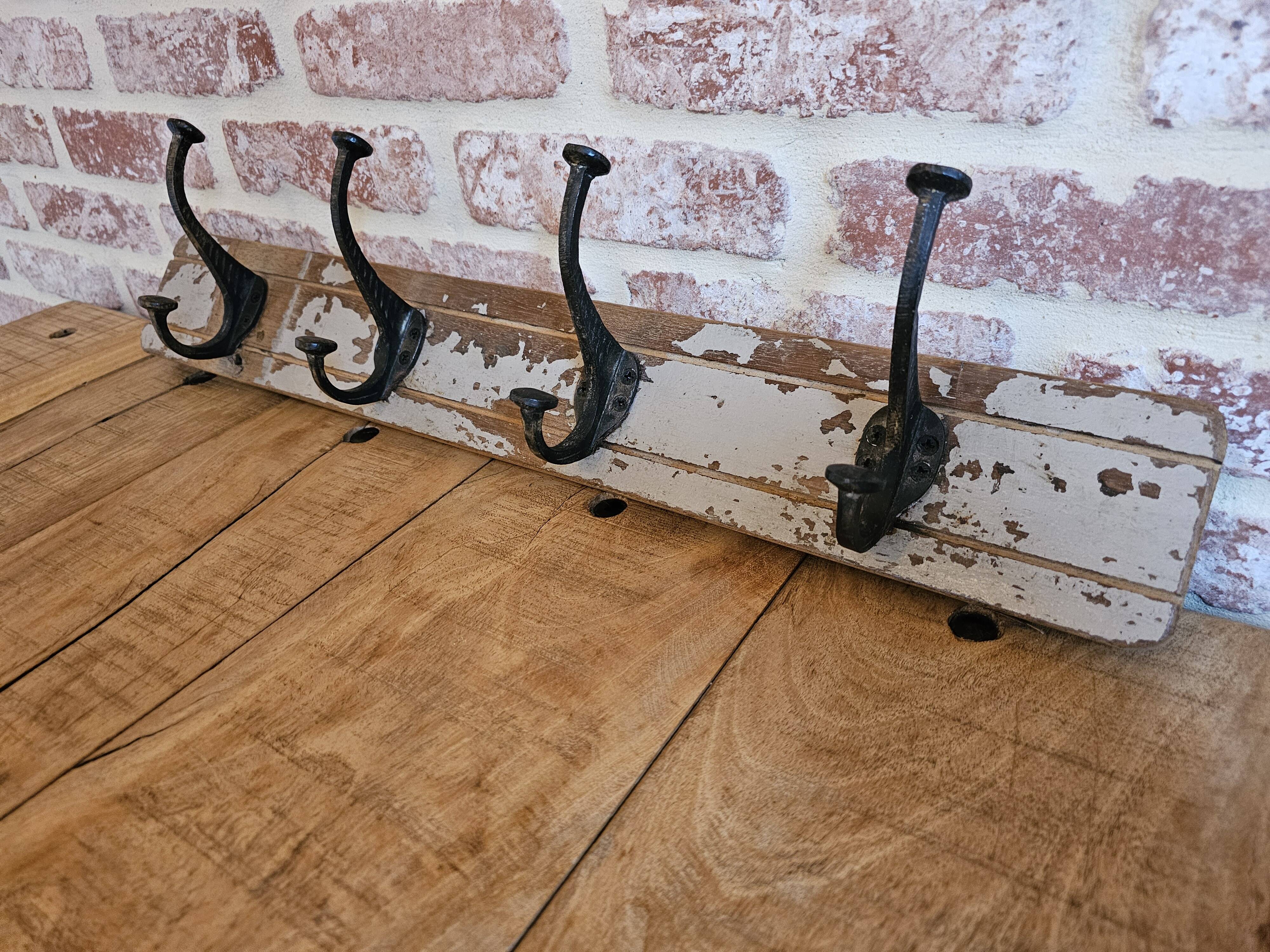 Solid teak coat hook with 4 double cast iron hooks