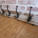 Solid teak coat hook with 4 double cast iron hooks