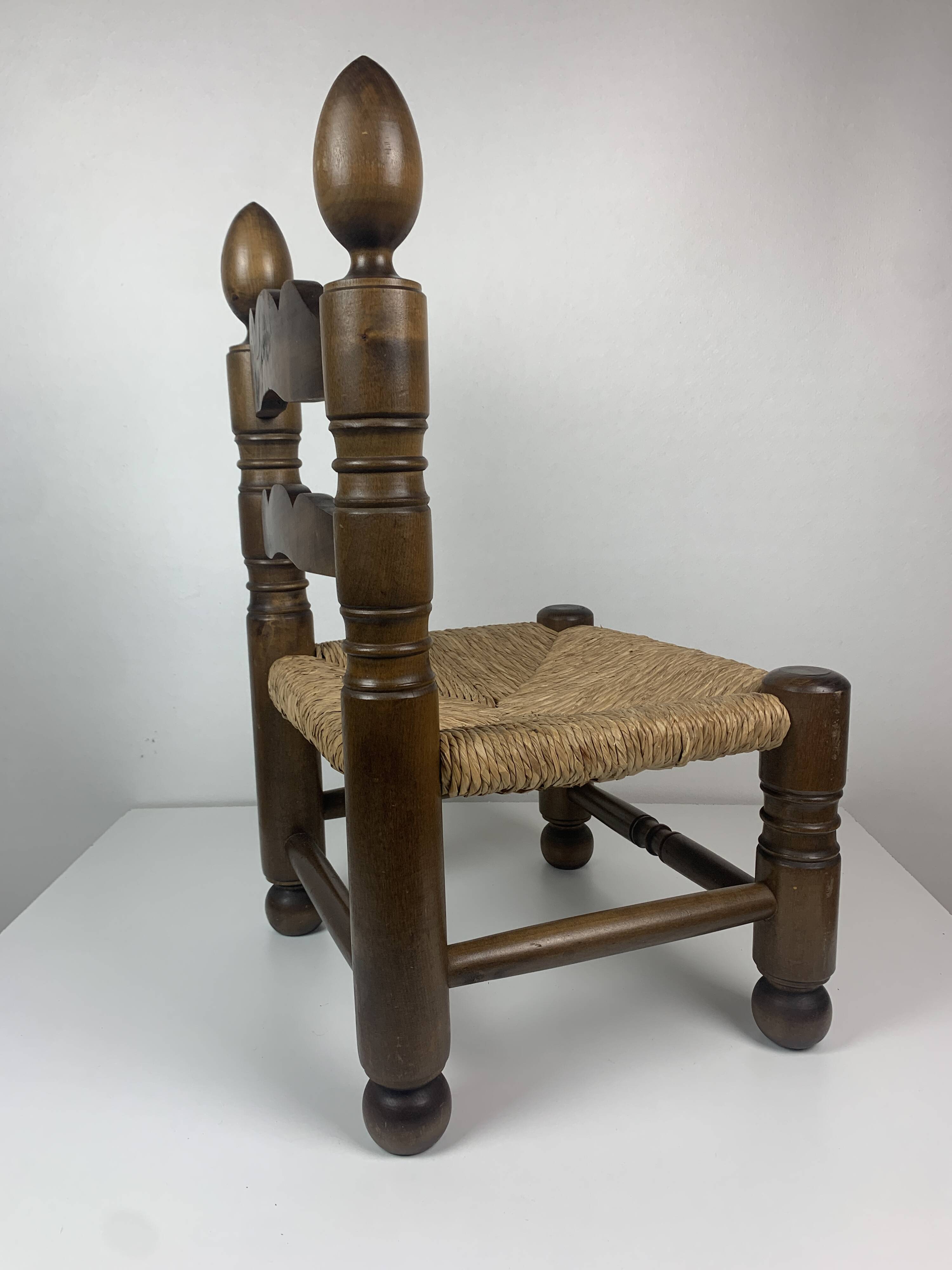 Wood Turned Bobbin Low Rush Chair in the manner of Charles Dudouyt, France, 1950s