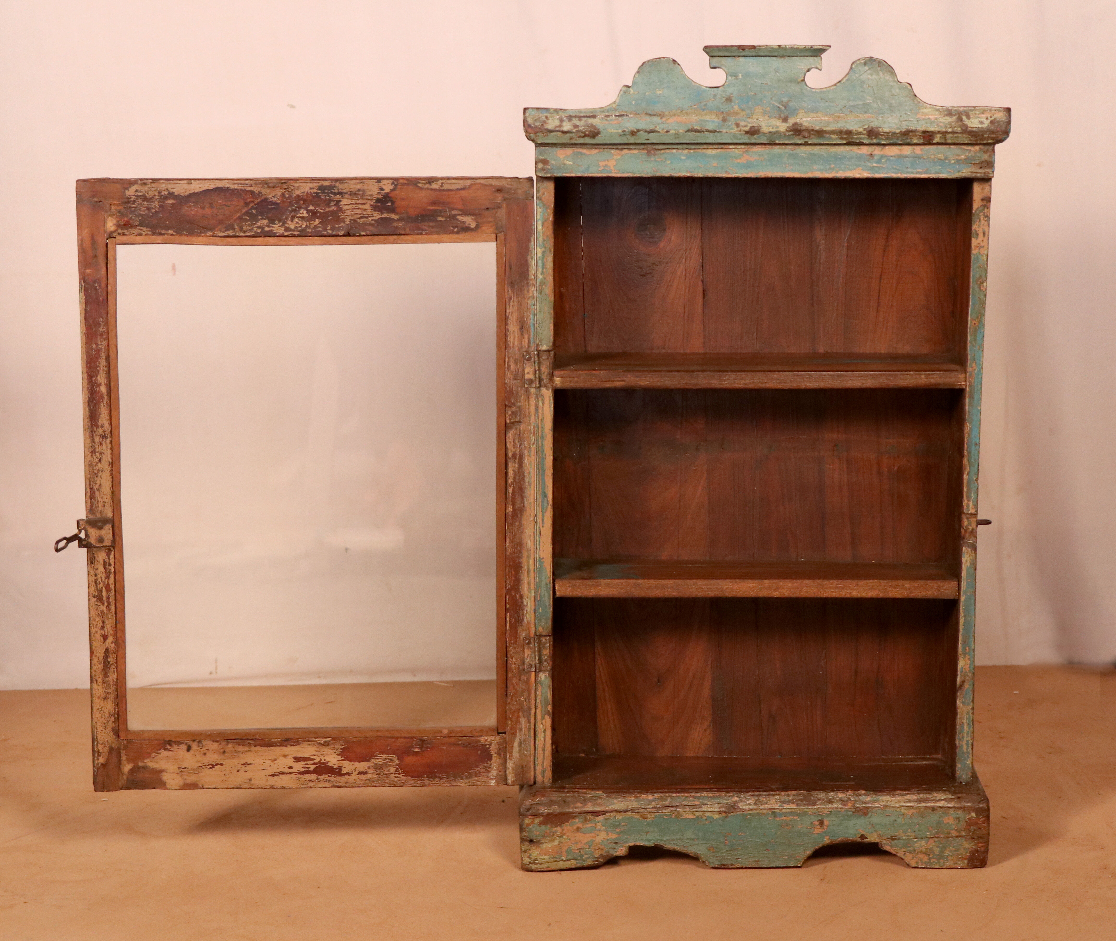 old Art Deco wall display case in original blue teak Burmese patina