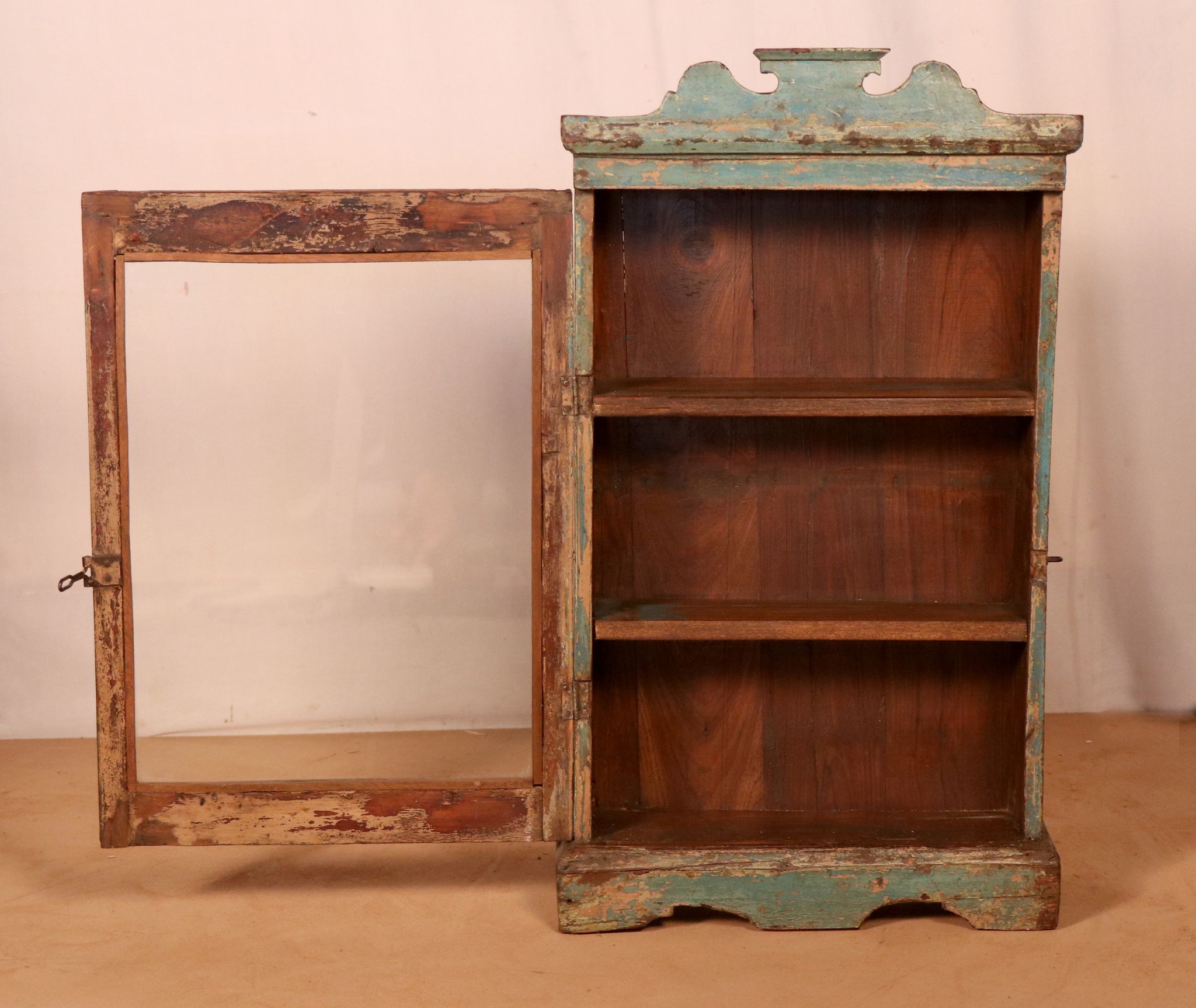 old Art Deco wall display case in original blue teak Burmese patina