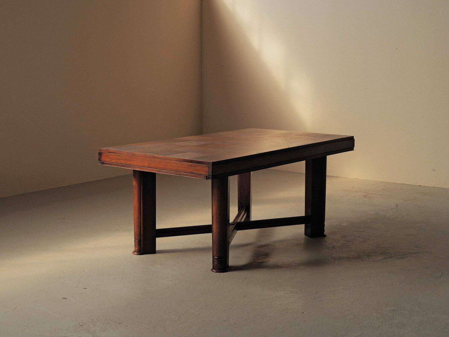 Modernist oak table with a checkerboard top, France, circa 1940.