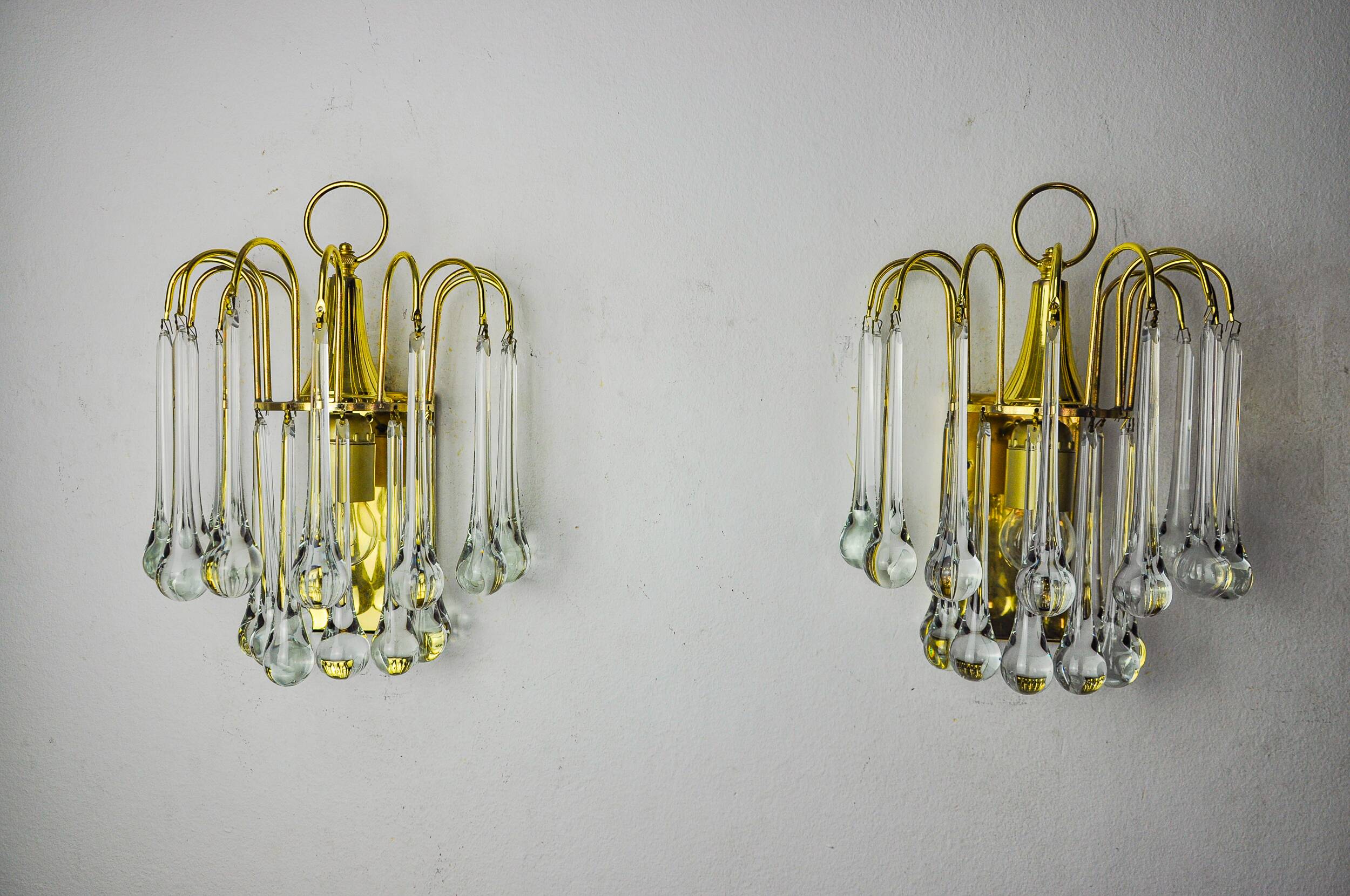 Pair of Venini "drops" wall lights, 2 levels, murano glass, Italy, 1970