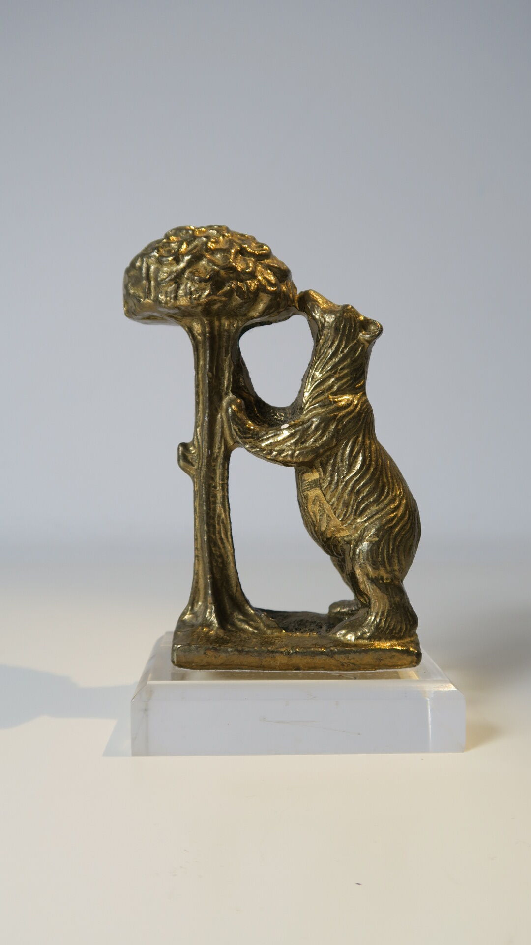 Brass sculpture, bear looking for honey in the tree