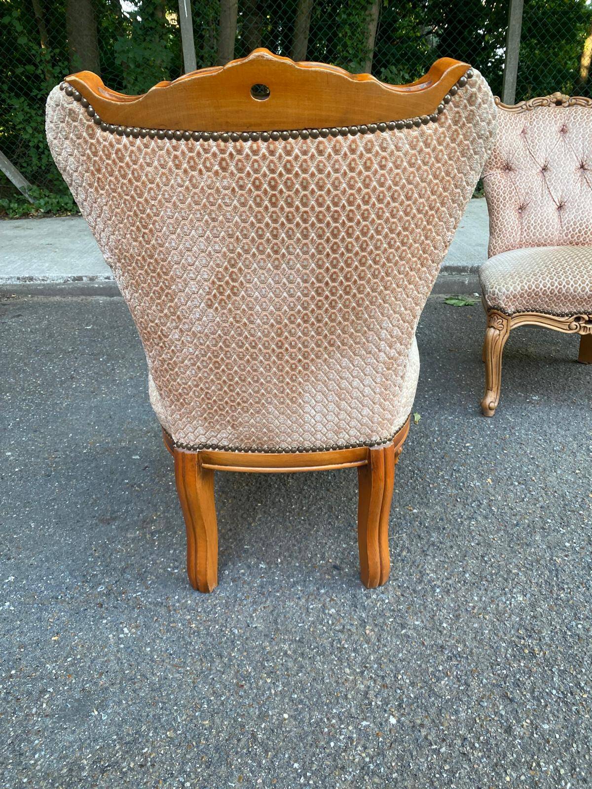 2 bergères fauteuils Louis XV tissu velours rosé