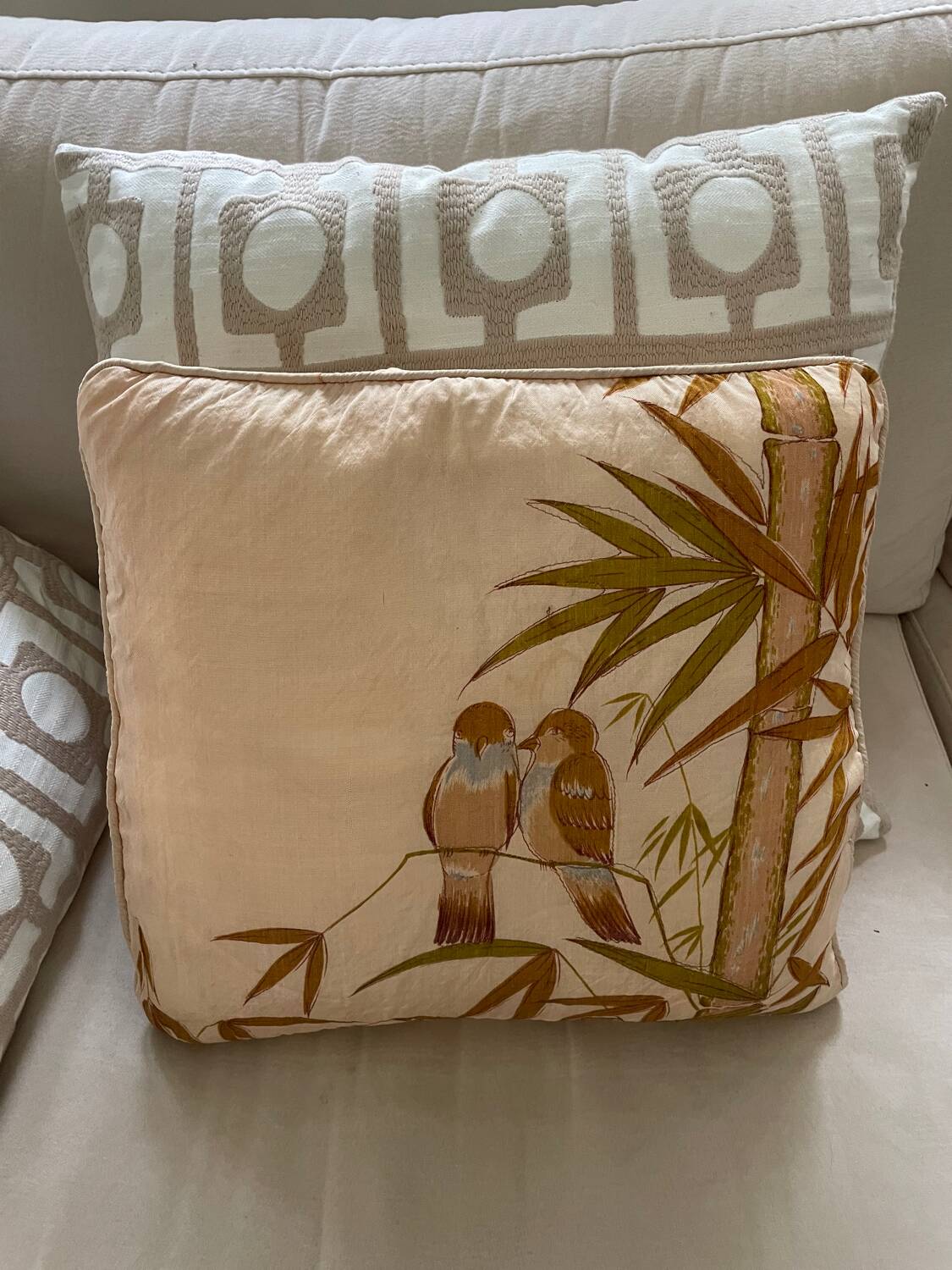 Vintage cushion decorated with birds, Thailand